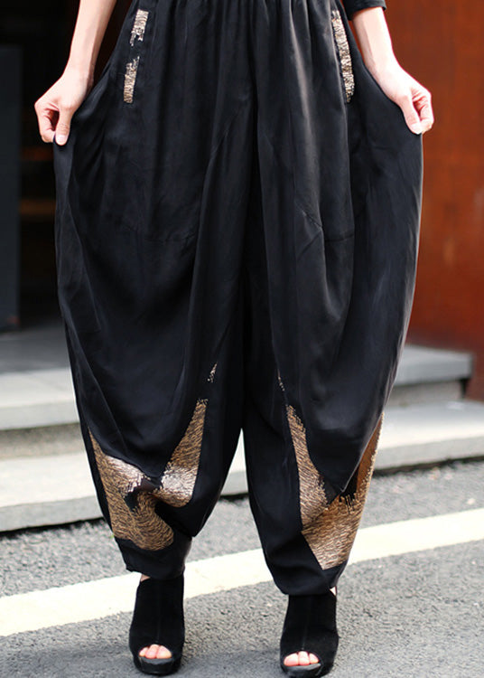 Plus Size Black Print Elastic Waist Wide Leg Pants Spring