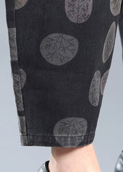 Plus Size Black Print Pockets Elastic Waist Lantern Denim Pants Fall