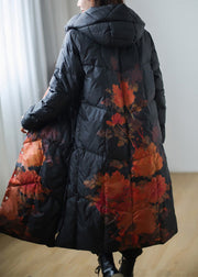 Plus Size Black Print Warm Fleece Thick Duck Down Long Down Coat Winter