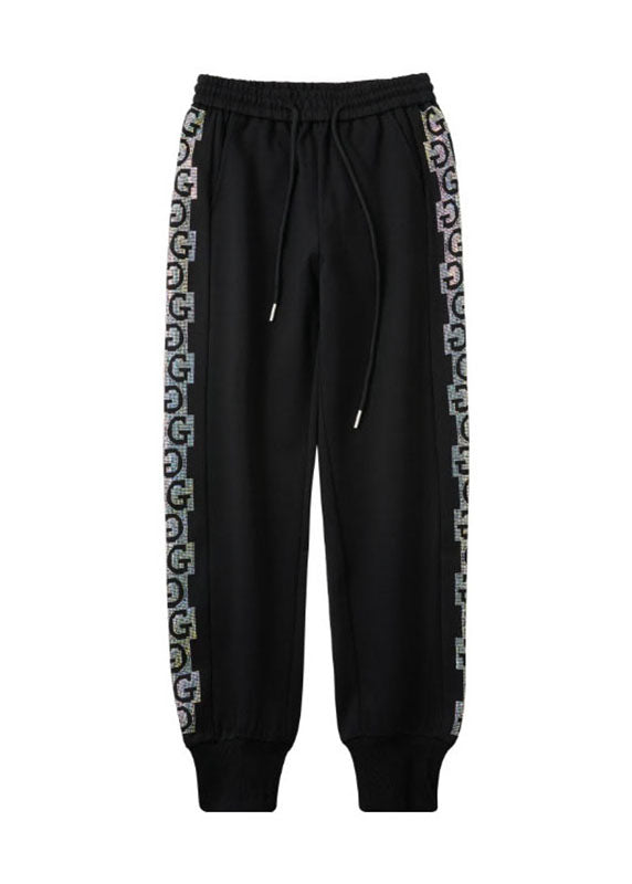 Plus Size Black Print Zircon Elastic Waist Pockets Pants