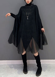 Plus Size Black Ruffled Patchwork Organza Dress Batwing Sleeve