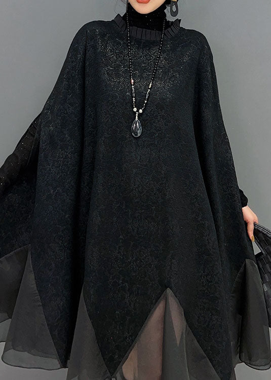 Plus Size Black Ruffled Patchwork Organza Dress Batwing Sleeve