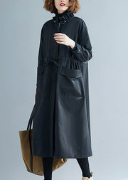 Plus Size Black Ruffled Pockets Patchwork Cotton Trench Coats Fall