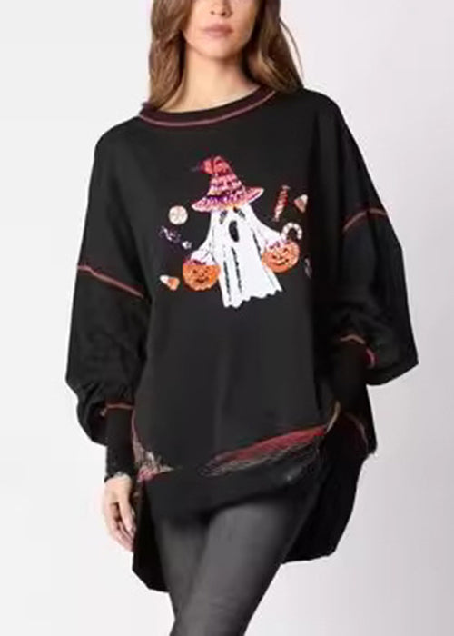 Plus Size Black Sequins Low High Design Cotton Sweatshirt Fall