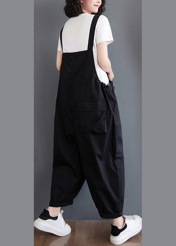 Plus Size Black Slash Neck Drawstring Button Pockets Jumpsuit Fall