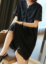 Plus Size Black Stand Collar Patchwork Jacquard Chiffon Maxi Dresses Summer