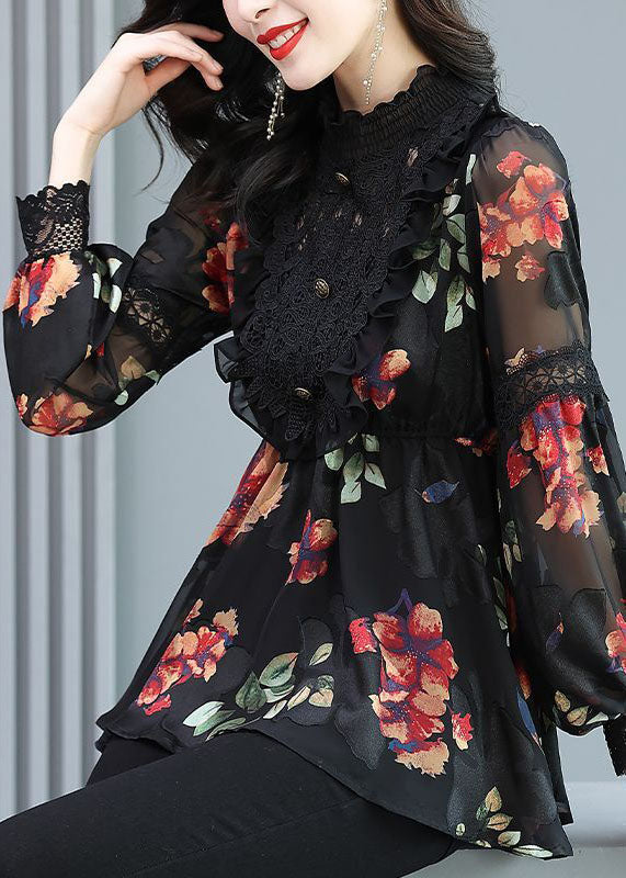 Plus Size Black Stand Collar Patchwork Print Chiffon Shirt Top Spring