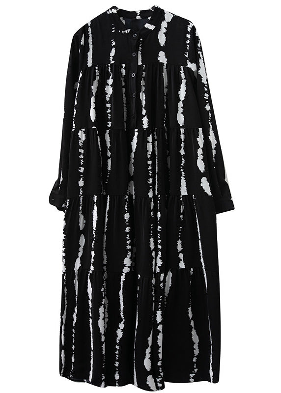 Plus Size Black Stand Collar Print Button Maxi Shirts Dresses Fall