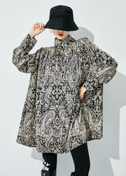 Plus Size Black Stand Collar Print Chiffon Shirts Spring