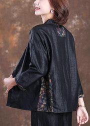 Plus Size Black Stand Collar Wrinkled Patchwork Silk Coats Bracelet Sleeve