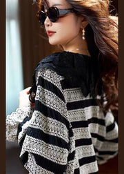 Plus Size Black Striped Lace Patchwork Knit Blouse Tops Spring