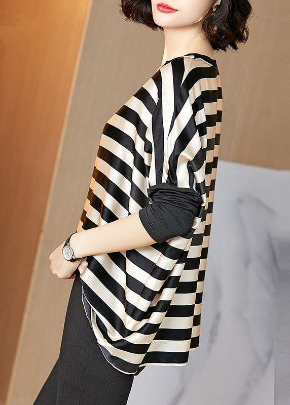 Plus Size Black Striped O-Neck Oversized Patchwork Silk Tops Batwing Sleeve