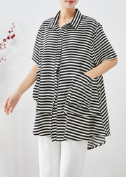 Plus Size Black Striped Patchwork Pockets Chiffon Blouse Tops Summer