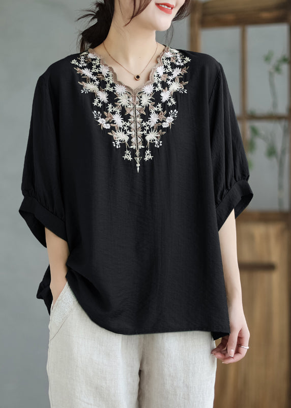 Plus Size Black V Neck Embroideried Cotton Blouses Summer