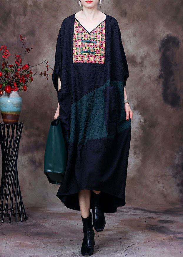 Plus Size Black V Neck Embroideried Patchwork Wrinkled Silk Dresses Long Sleeve