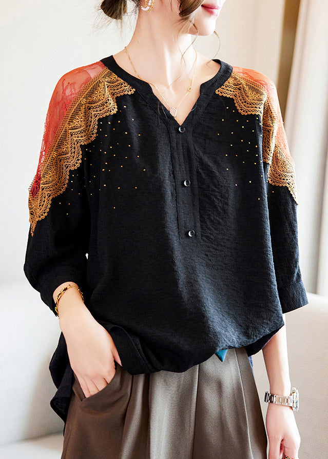 Plus Size Black V Neck Lace Patchwork Tops Spring