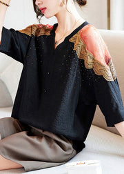 Plus Size Black V Neck Lace Patchwork Tops Spring