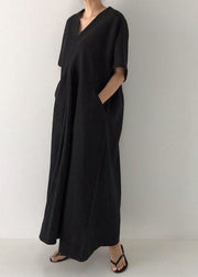 Plus Size Black V Neck Oversized Linen Long Dress Short Sleeve