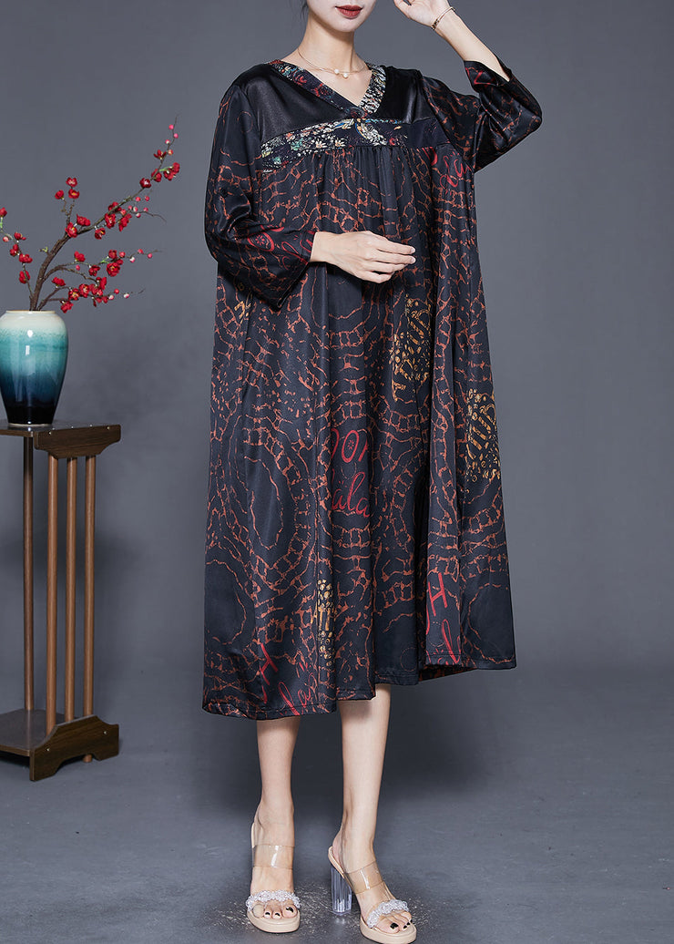 Plus Size Black V Neck Patchwork Print Silk Dress Fall