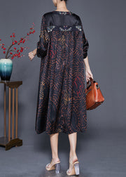 Plus Size Black V Neck Patchwork Print Silk Dress Fall