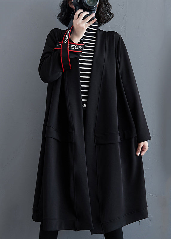 Plus Size Black V Neck Pockets Cotton Trench Coat Fall