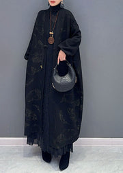 Plus Size Black V Neck Print Button Maxi Coat Fall