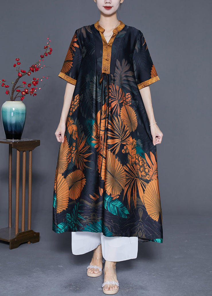 Plus Size Black V Neck Print Silk Long Dress Summer