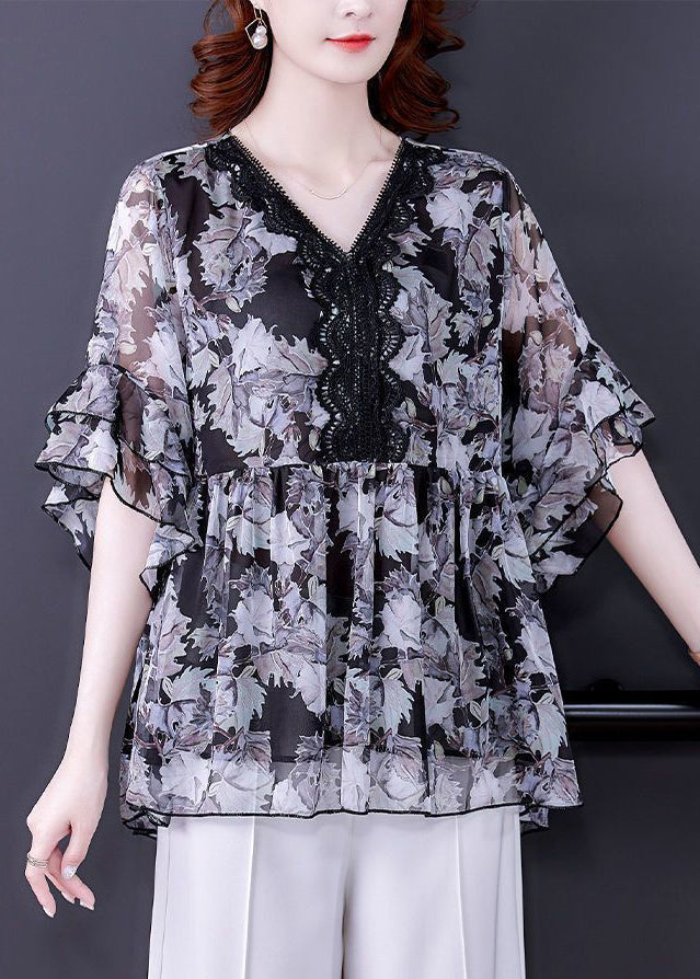 Plus Size Black V Neck Ruffled Print Chiffon Shirt Half Sleeve