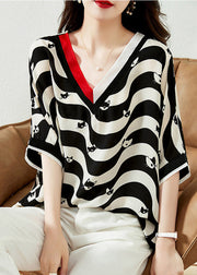 Plus Size Black V Neck Striped Low High Design Chiffon Tops Half Sleeve