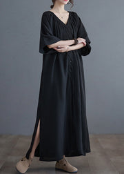 Plus Size Black V Neck Wrinkled Maxi Dresses Summer