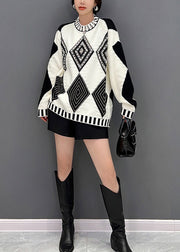 Plus Size Black White Plaid O-Neck Knit Sweaters Fall