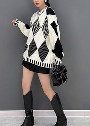 Plus Size Black White Plaid O-Neck Knit Sweaters Fall