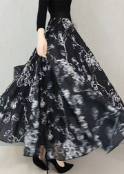 Plus Size Black Wrinkled Print Exra Large Hem Chiffon Skirts Summer