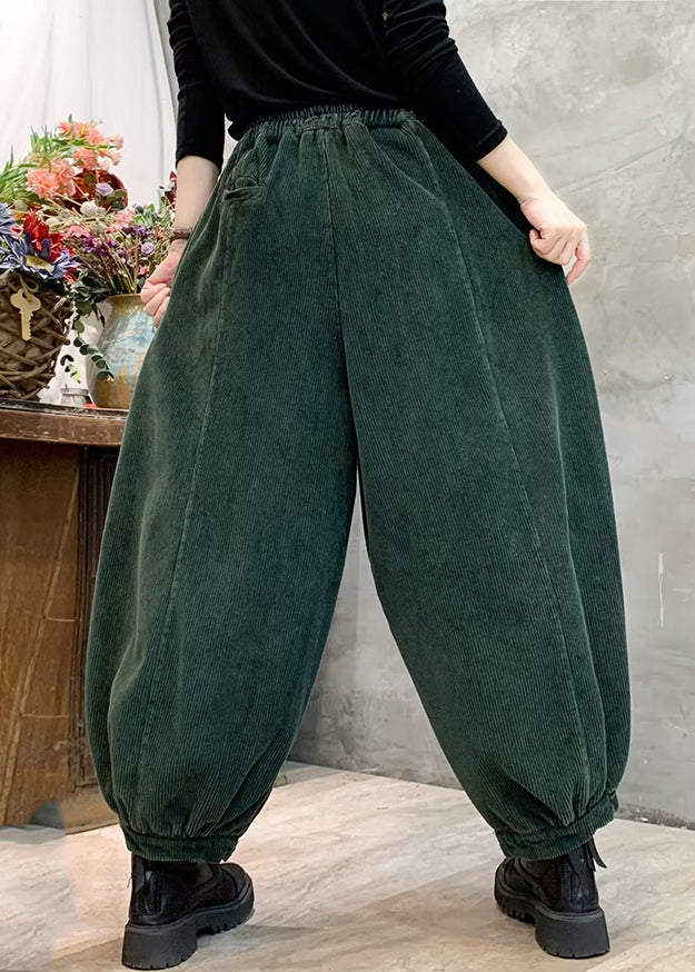 Plus Size Blackish Green Elastic Waist Tie Waist Corduroy Lantern Pants Spring