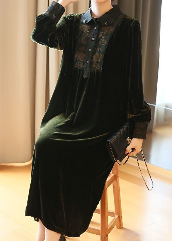 Plus Size Blackish Green Embroideried Patchwork Silk Velour Party Dress Spring