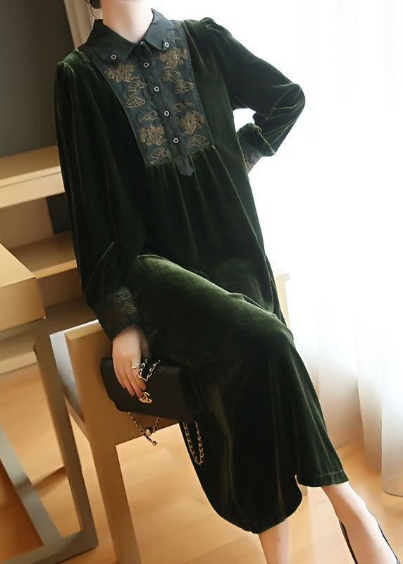 Plus Size Blackish Green Embroideried Patchwork Silk Velour Party Dress Spring