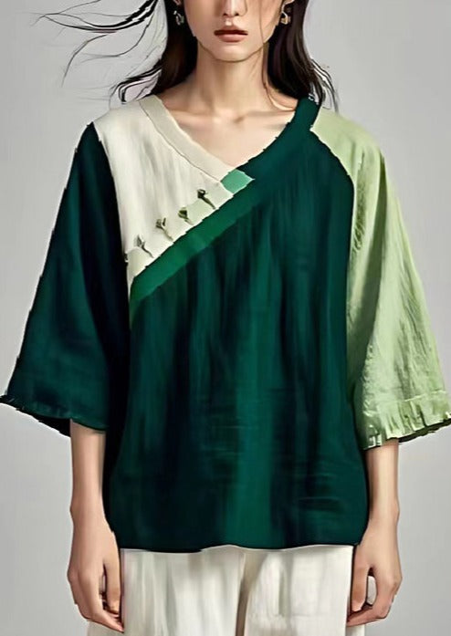 Plus Size Blackish Green Oversized Patchwork Linen Shirts Summer