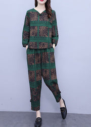 Plus Size Blackish Green Print Top And Crop Pants Two Pieces Set Long Sleeve