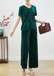 Plus Size Blackish Green Slim Fit Silk Velour Two Pieces Set Fall