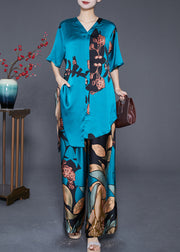 Plus Size Blue Asymmetrical Print Tie Waist Silk Two Pieces Set Summer