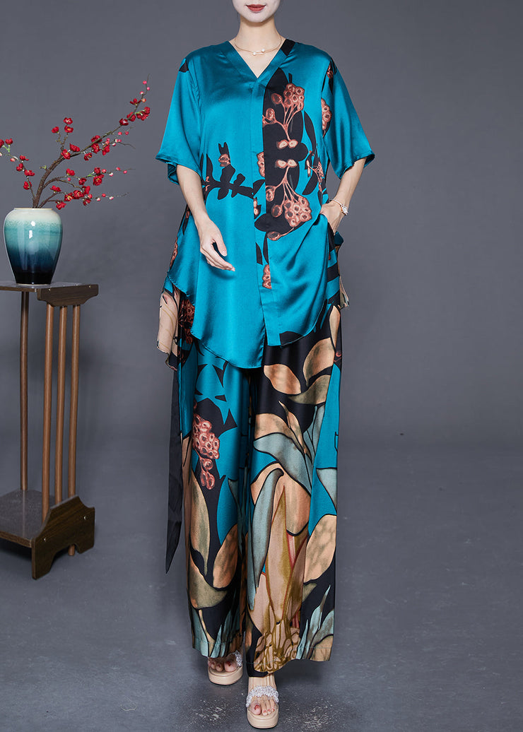 Plus Size Blue Asymmetrical Print Tie Waist Silk Two Pieces Set Summer