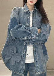 Plus Size Blue Button Pockets Denim Coats Long Sleeve