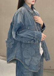 Plus Size Blue Button Pockets Denim Coats Long Sleeve