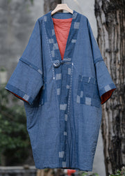 Plus Size Blue Button Pockets Patchwork Thin Cotton Coat Fall