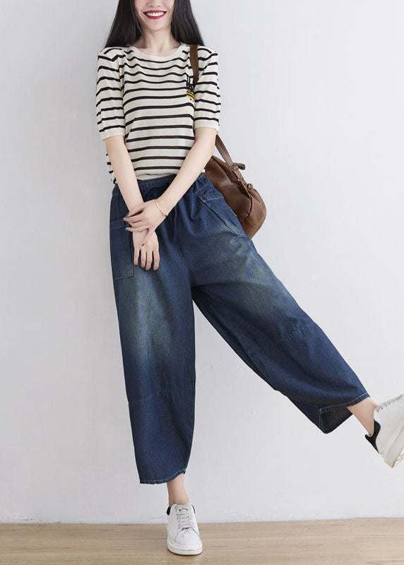 Plus Size Blue Elastic Waist Patchwork Cotton Denim Pants Spring