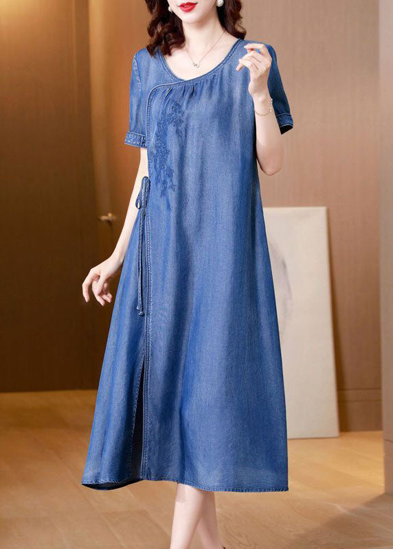 Plus Size Blue Embroideried Side Open Denim Dress Summer