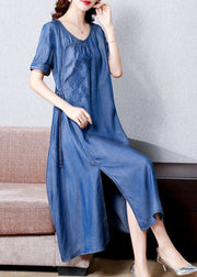 Plus Size Blue Embroideried Side Open Denim Dress Summer