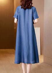 Plus Size Blue Embroideried Side Open Denim Dress Summer