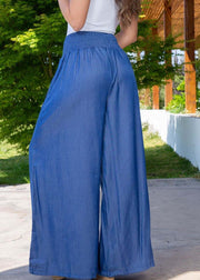 Plus Size Blue High Waist Patchwork Wrinkled Denim Wide Leg Pants Summer