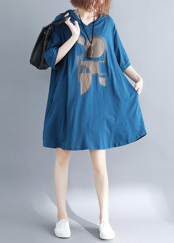 Plus Size Blue Hooded Print Cotton Sweatshirt Dress Summer